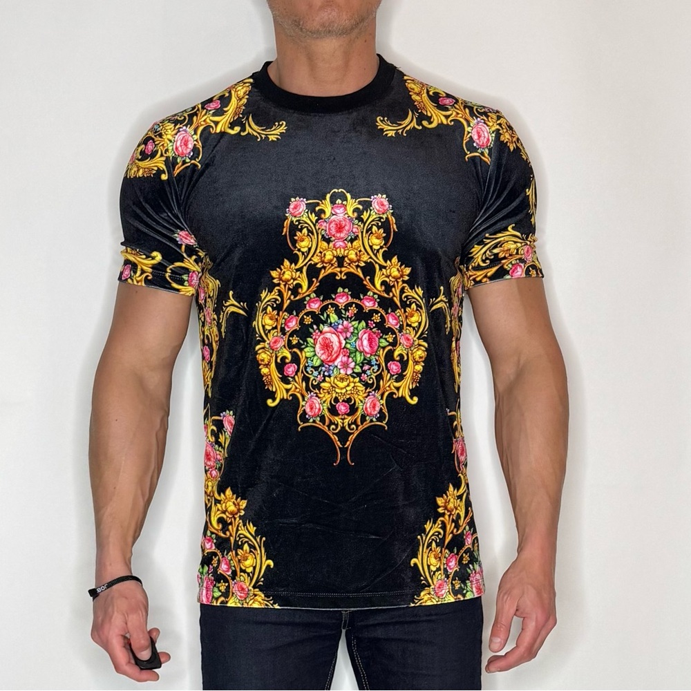 Forever 21 Black Tee with Gold and Pink Baroque Floral Print